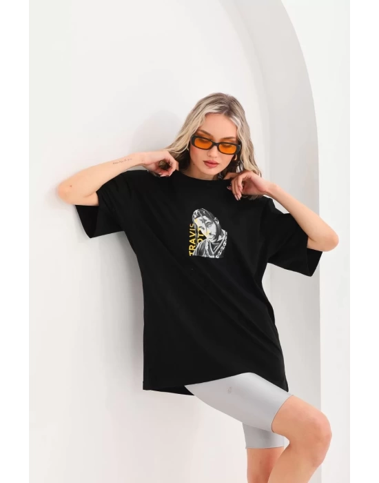 Unisex Baskılı Oversize T-Shirt - Siyah