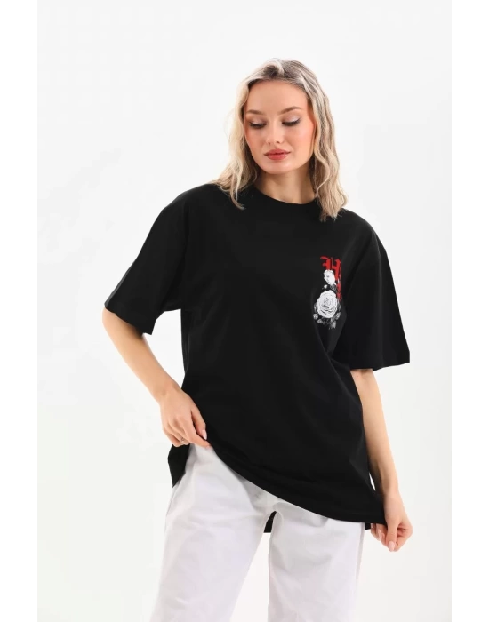 Unisex Baskılı Oversize T-Shirt - Siyah