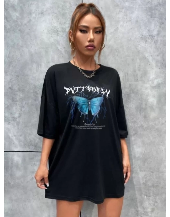 Unisex Baskılı Oversize T-Shirt - Siyah