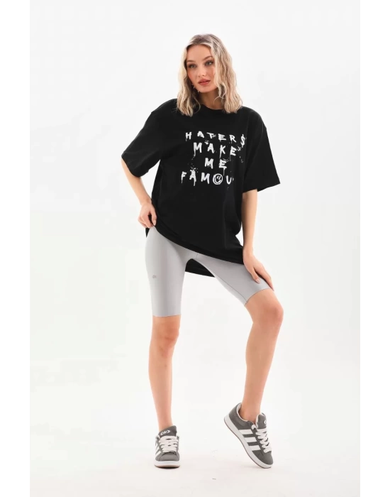 Unisex Baskılı Oversize T-Shirt - Siyah