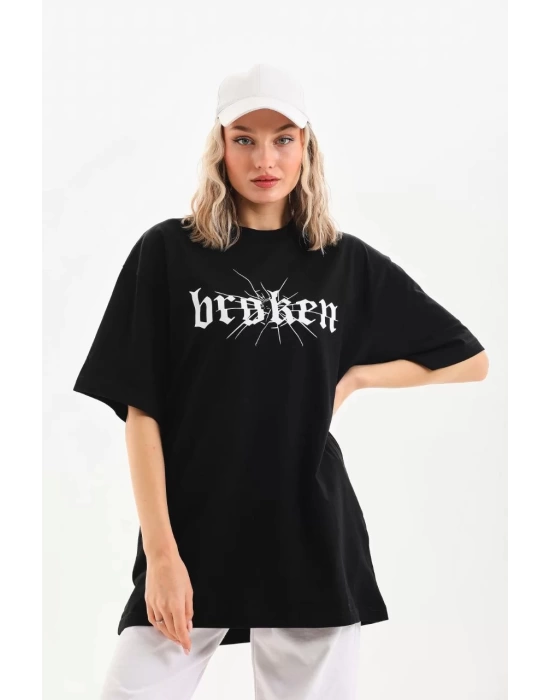 Unisex Baskılı Oversize T-Shirt - Siyah