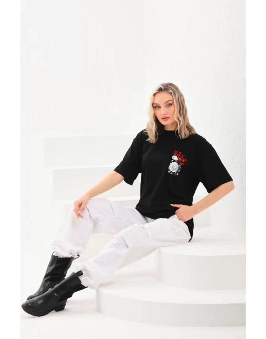 Unisex Baskılı Oversize T-Shirt - Siyah