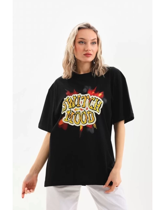 Unisex Baskılı Oversize T-Shirt - Siyah