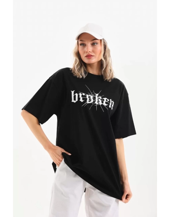 Unisex Baskılı Oversize T-Shirt - Siyah