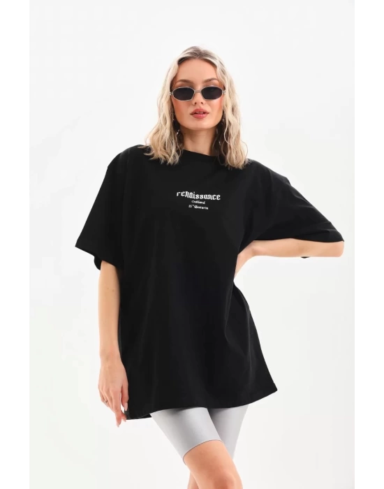 Unisex Baskılı Oversize T-Shirt - Siyah