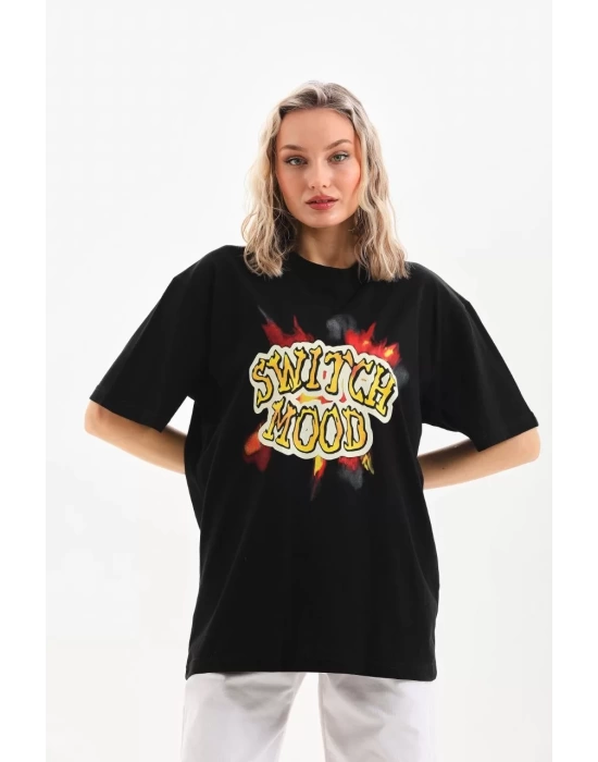 Unisex Baskılı Oversize T-Shirt - Siyah