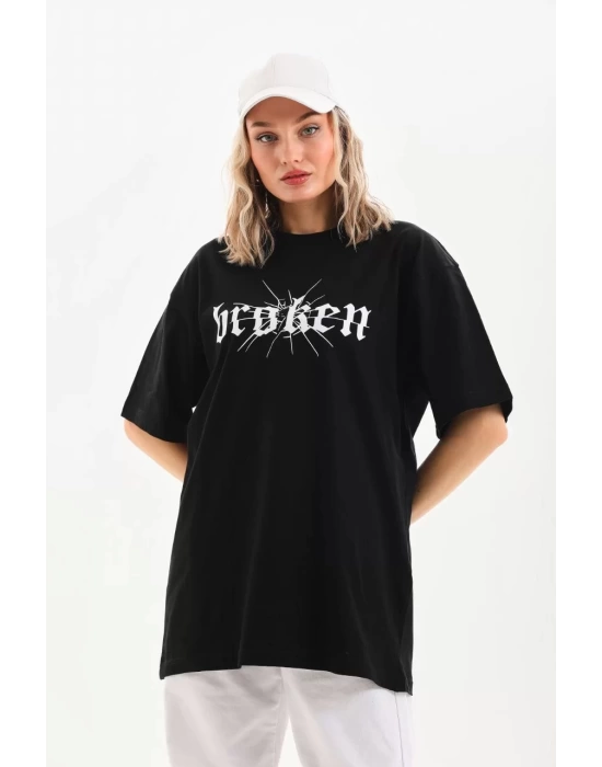 Unisex Baskılı Oversize T-Shirt - Siyah