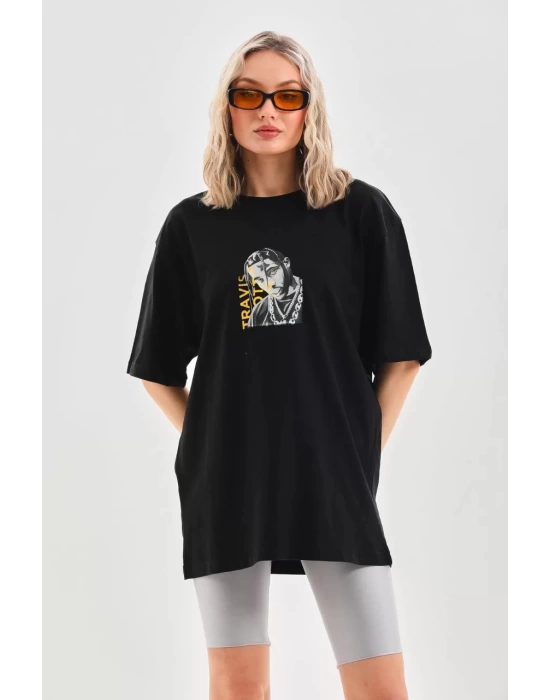 Unisex Baskılı Oversize T-Shirt - Siyah