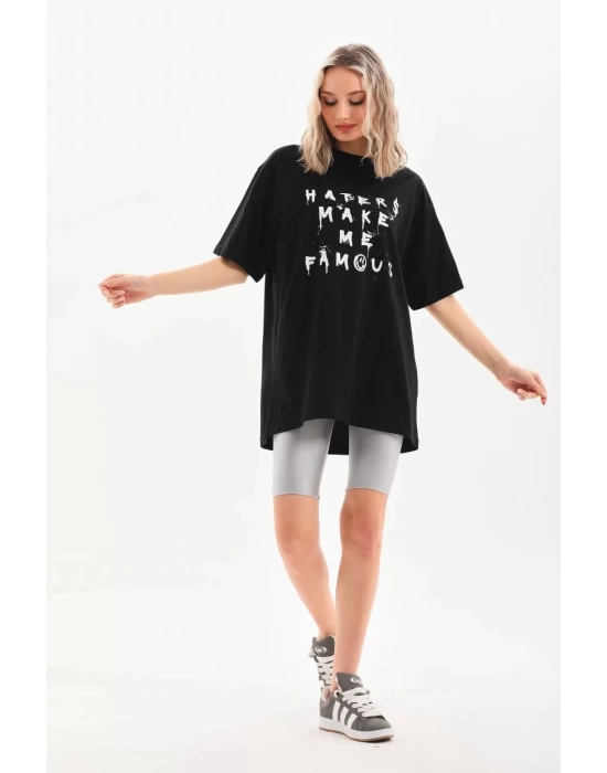 Unisex Baskılı Oversize T-Shirt - Siyah