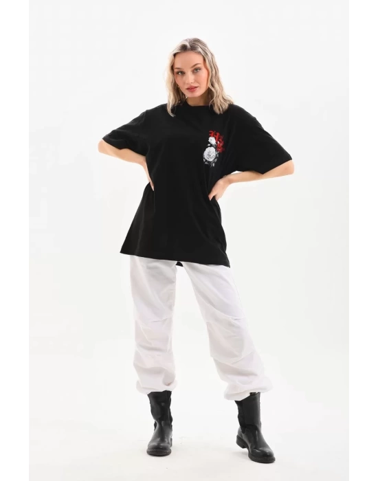 Unisex Baskılı Oversize T-Shirt - Siyah