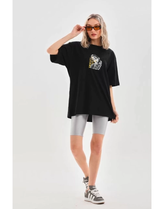 Unisex Baskılı Oversize T-Shirt - Siyah