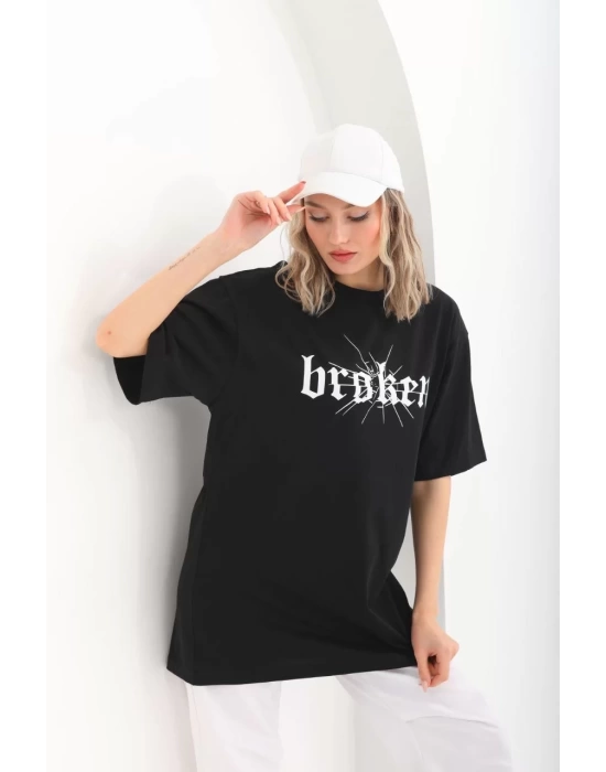 Unisex Baskılı Oversize T-Shirt - Siyah