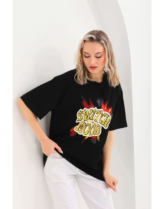 Unisex Baskılı Oversize T-Shirt - Siyah