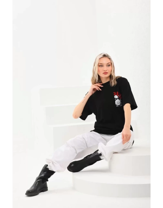 Unisex Baskılı Oversize T-Shirt - Siyah