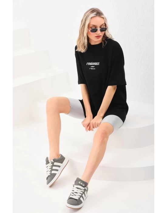 Unisex Baskılı Oversize T-Shirt - Siyah