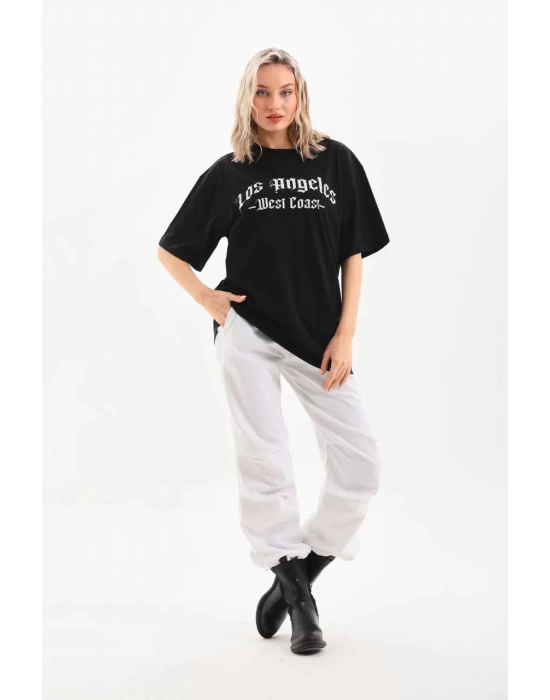 Unisex Baskılı Oversize T-Shirt - Siyah