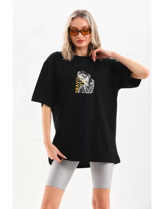 Unisex Baskılı Oversize T-Shirt - Siyah