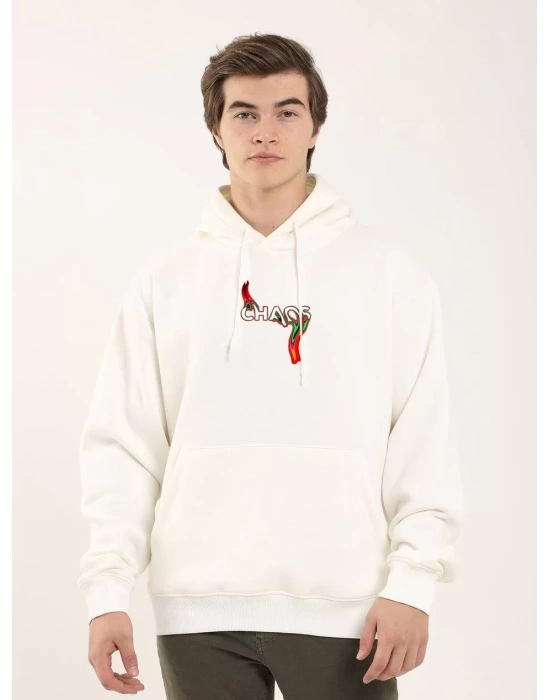 Unisex Baskılı Oversize Üç İplik Kapüşonlu Sweatshirt - Beyaz