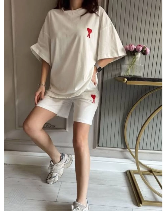 Unisex Baskılı Şortlu Oversize Takım - Beyaz