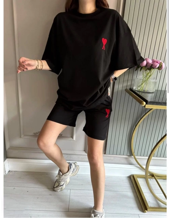 Unisex Baskılı Şortlu Oversize Takım - Siyah