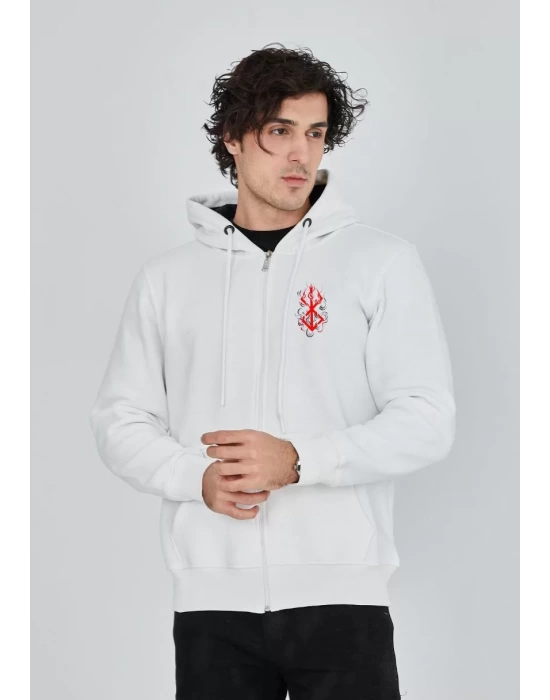 Unisex Baskılı Tam Fermuarlı Kapşonlu SweatShirt - Beyaz