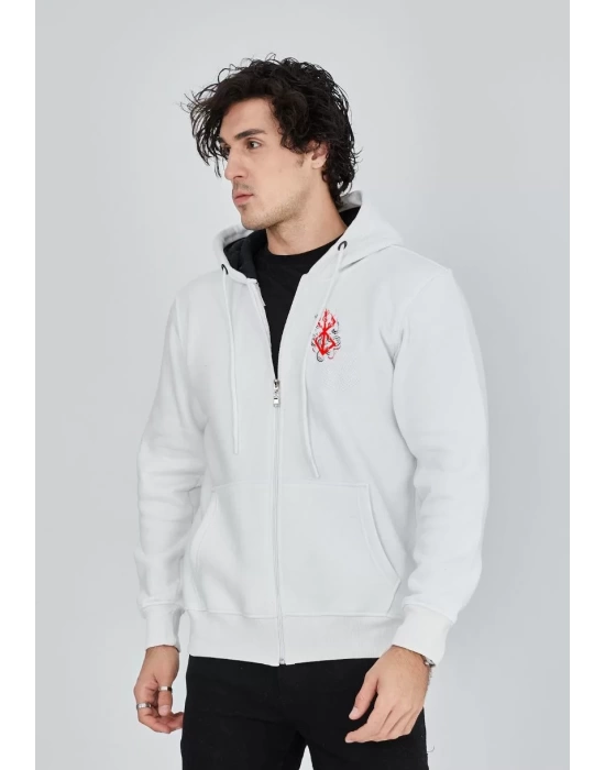 Unisex Baskılı Tam Fermuarlı Kapşonlu SweatShirt - Beyaz