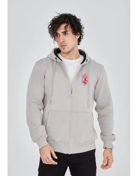 Unisex Baskılı Tam Fermuarlı Kapşonlu SweatShirt - Boyalı Gri