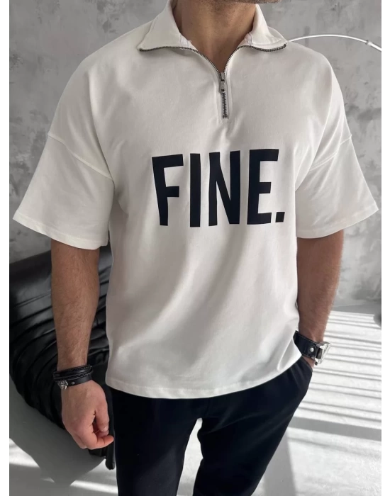 Unisex Baskılı Yarım Fermuarlı T-Shirt - Beyaz