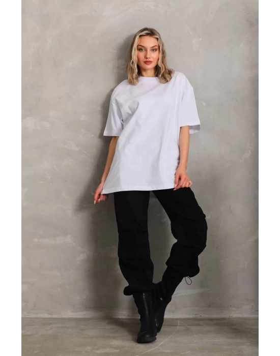 Unisex Bisiklet Yaka 20/1 Düz Oversize T-Shirt - Beyaz