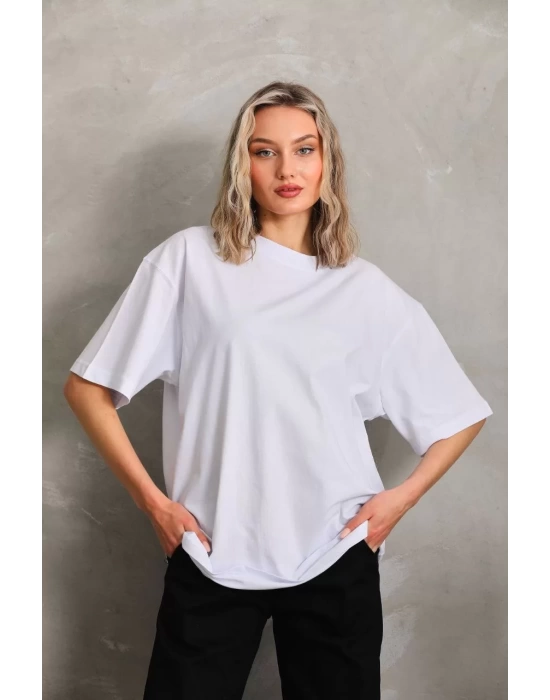 Unisex Bisiklet Yaka 20/1 Düz Oversize T-Shirt - Beyaz