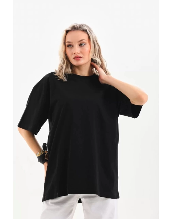 Unisex Bisiklet Yaka 20/1 Düz Oversize T-Shirt - Siyah