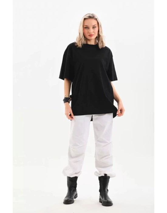 Unisex Bisiklet Yaka 20/1 Düz Oversize T-Shirt - Siyah