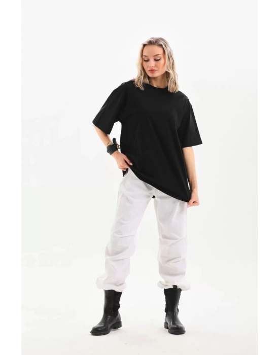 Unisex Bisiklet Yaka 20/1 Düz Oversize T-Shirt - Siyah