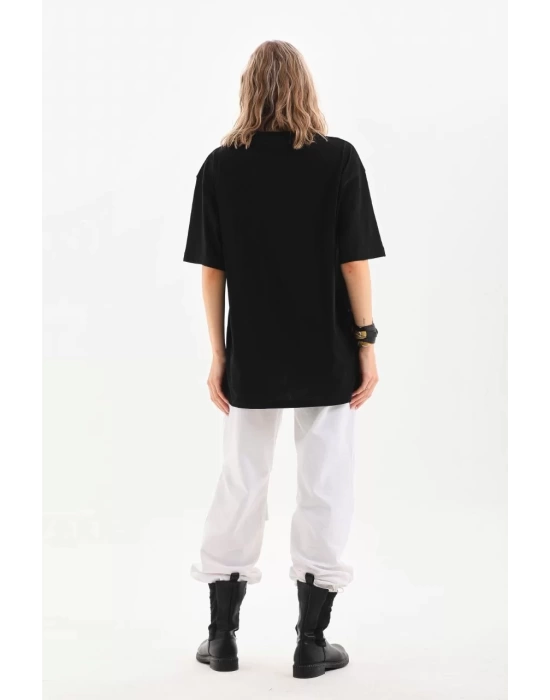 Unisex Bisiklet Yaka 20/1 Düz Oversize T-Shirt - Siyah