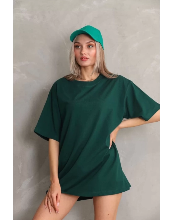 Unisex Bisiklet Yaka 20/1 Düz Oversize T-Shirt - Yeşil