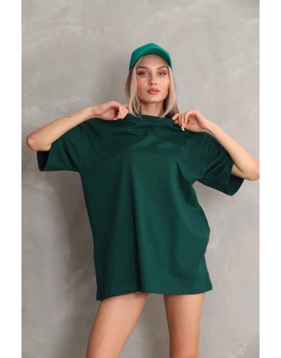 Unisex Bisiklet Yaka 20/1 Düz Oversize T-Shirt - Yeşil