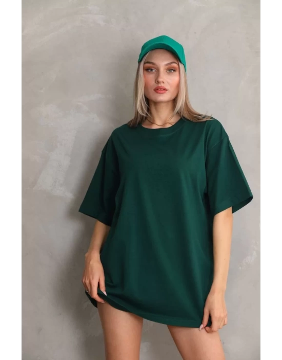 Unisex Bisiklet Yaka 20/1 Düz Oversize T-Shirt - Yeşil