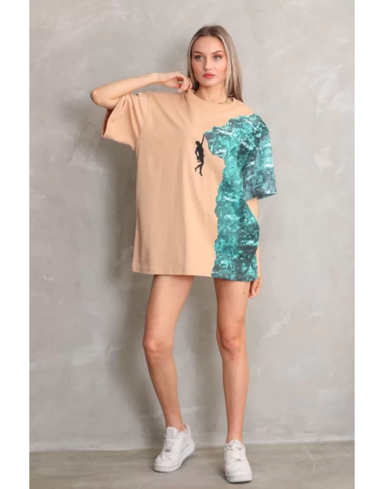 Unisex Bisiklet Yaka Baskılı Oversize T-Shirt - Bej