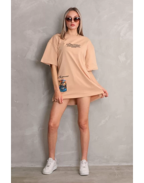 Unisex Bisiklet Yaka Baskılı Oversize T-Shirt - Bej