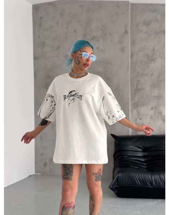 Unisex Bisiklet Yaka Baskılı Oversize T-Shirt - Beyaz