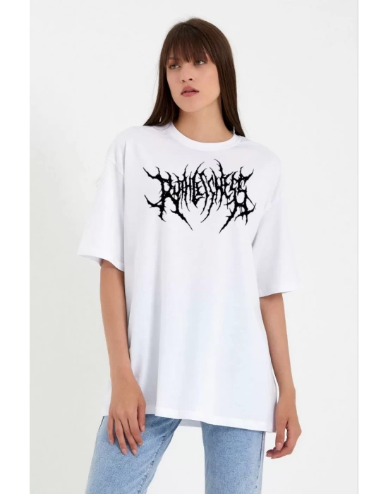 Unisex Bisiklet Yaka Baskılı Oversize T-Shirt - Beyaz