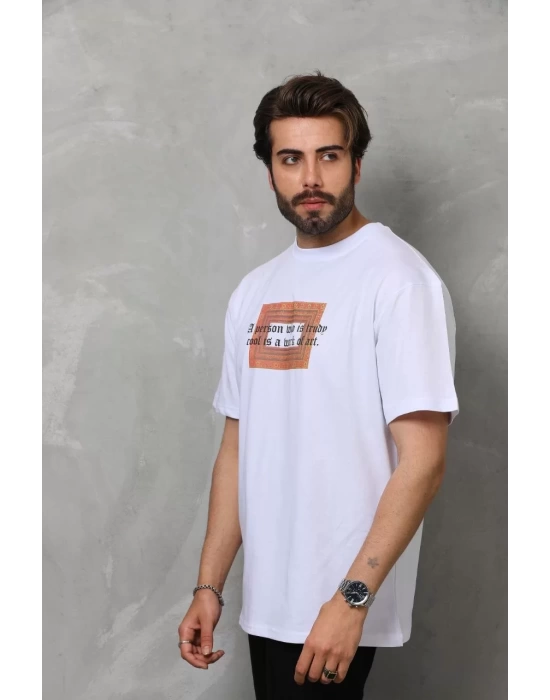 Unisex Bisiklet Yaka Baskılı Oversize T-Shirt - Beyaz