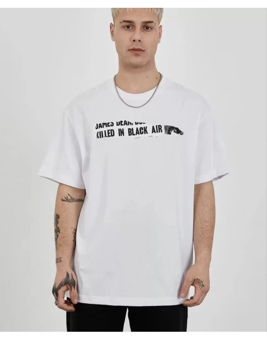 Unisex Bisiklet Yaka Baskılı Oversize T-Shirt - Beyaz