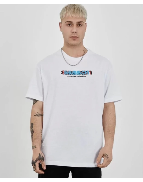 Unisex Bisiklet Yaka Baskılı Oversize T-Shirt - Beyaz