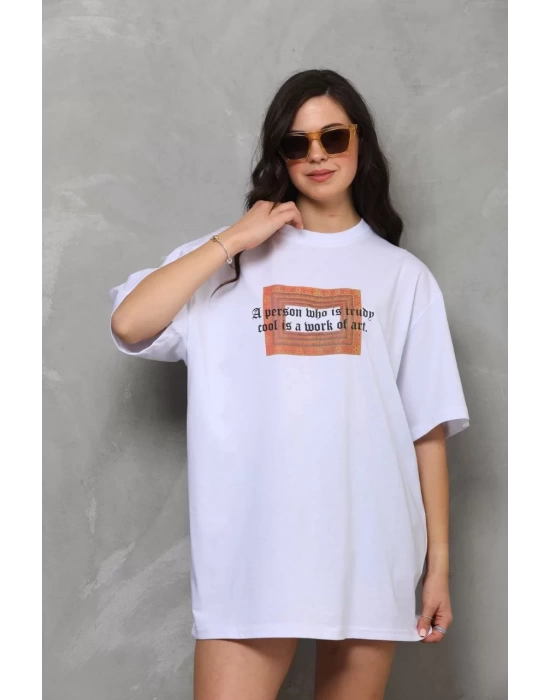 Unisex Bisiklet Yaka Baskılı Oversize T-Shirt - Beyaz