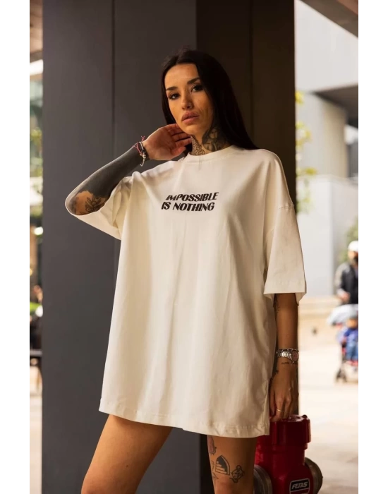 Unisex Bisiklet Yaka Baskılı Oversize T-Shirt - Beyaz