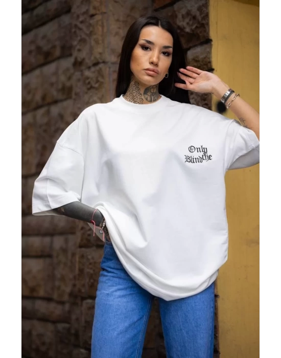 Unisex Bisiklet Yaka Baskılı Oversize T-Shirt - Beyaz