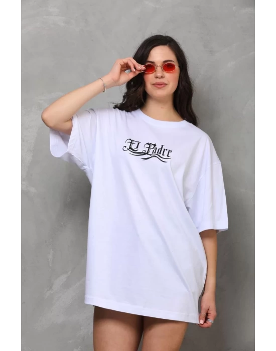 Unisex Bisiklet Yaka Baskılı Oversize T-Shirt - Beyaz