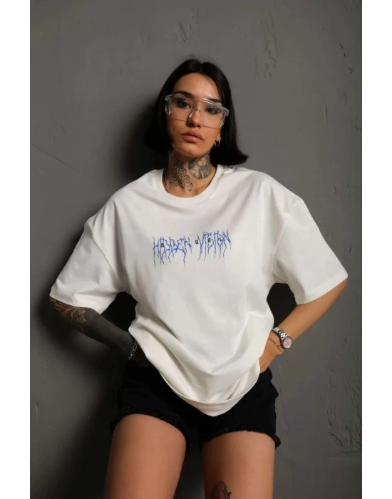 Unisex Bisiklet Yaka Baskılı Oversize T-Shirt - Beyaz