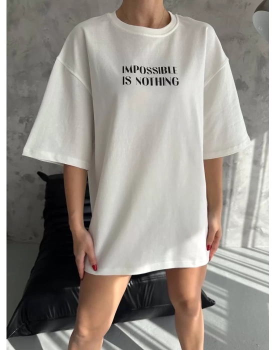 Unisex Bisiklet Yaka Baskılı Oversize T-Shirt - Beyaz